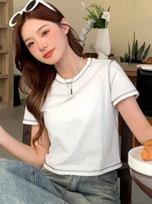 DAZY 女士短袖圓領t恤,腰部剪裁設計 - 白色 - 查看 3