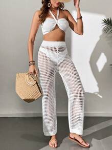 Breezaya Women's Crop Top Backless Halter Knitted Sweater And See-Through Knitted Pants Set