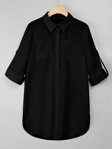 SHEIN Privé 純色鈕扣長袖襯衫 - 黑色 - 查看 5