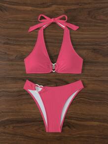 SHEIN Swim 夏季海滩女士褶皱比基尼套装，配有心形扣饰和吊带领口 - 玫紅色 - 查看 7
