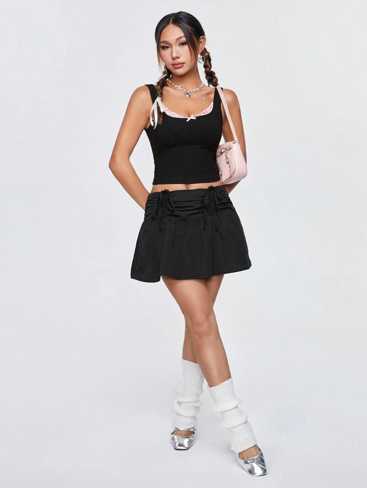 2pcs/Set Tank Top & Pink Lace Insert Pleated A-Line Skirt With Drawstring Waist