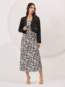 Seusyu Women's Leopard Print Dress And Short Jacket Two Piece Set Fall Cloth For Women - Black - View 3