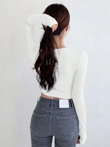 DAZY 女士圆领长袖T恤，秋季女装 - 白色 - 查看 2
