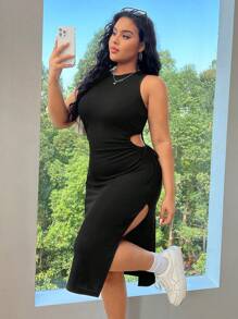 SHEIN EZwear 加大碼空心分割緊身連衣裙 - 黑色 - 查看 5