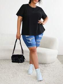 SHEIN CURVE+ Plus Size Round Collar Solid Color Shirt With Eyelet Detailing Embroidery