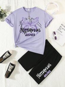 2-Piece Set Of Youth Women's Casual Pink Short-Sleeved Round Neck Loose T-Shirt Printed With Cool And Butterfly Letter Pattern And Black Cycling Shorts Set Suitable For Daily Street Fashion Gatherings And Travel Wear - Multicolor - View 3