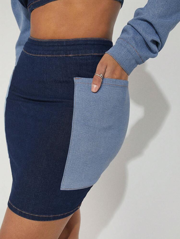 Colorblock Patch Pocket Bodycon Mini Denim Skirt