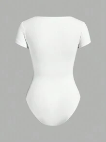 SHEIN EZwear 2pcs/Set Square Collar Short Sleeve Simple Casual Bodysuit For Women, Summer - Black and White - View 6