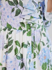 MOTF PREMIUM Vestido Con Diseño Completo De Estampado Con Cuello Notch, Manga Acampanada Con Volantes Y Detalles - Azul - Ver 3