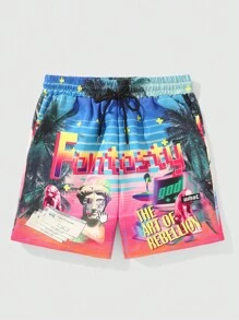 ROMWE MEN Street Life Men's Coconut Tree & Letter Printed Shorts, Perfect For Daily Wear In Spring And Summer - Multicolor - View 1