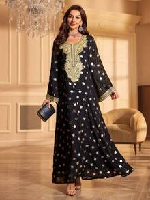 Rhinestone Embellished Long Sleeve Kaftan Maxi Dress