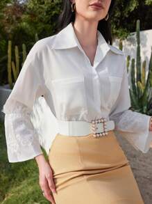 Modelyn Của phụ nữ Màu thuần Tay áo loe Áo sơ mi - trắng - Xem 6