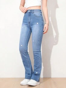 SHEIN Teen Girls' Embroidered Stretchy Flared Jeans - Medium Wash - View 7