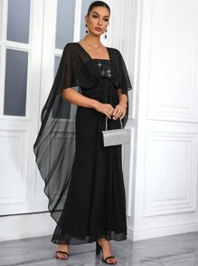SHEIN Belle Của phụ nữ Lưng Chữ V Cape Thanh lịch Trang phục dạ hội Đầm - màu đen - Xem 5
