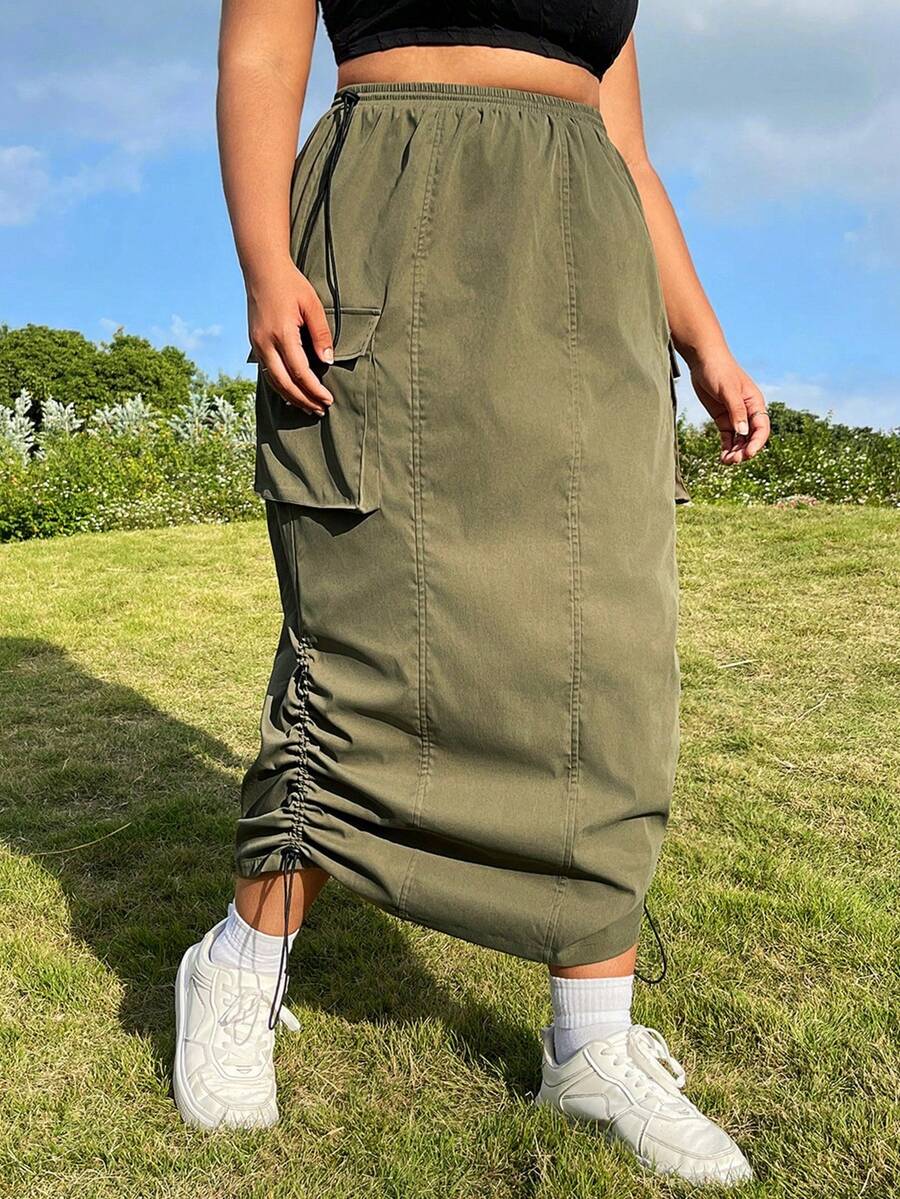 SHEIN EZwear 加大碼綠色編織長裙,雙邊束帶細節 - 軍綠色 - 查看 1