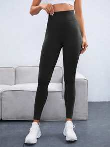 SHEIN Yoga Basic 素色收復運動打底褲 - 黑色 - 查看 4