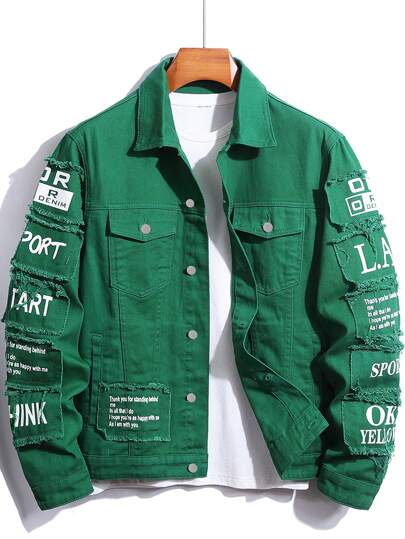 Giacca di jeans da uomo senza t-shirt, con grafica, taschino con patta, in cotone, verde, giacca con grafica, giacca casual da uomo, autunno