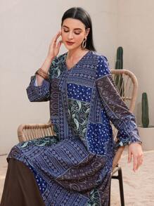 Lacomfia Women's Arabic Style Long Sleeve Caftan Dress With Paisley Printed