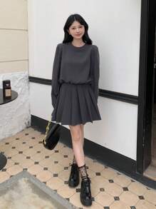 DAZY Ladies' Solid Color Round Neck Long Sleeve T-Shirt And Skirt Set - Brown - View 4