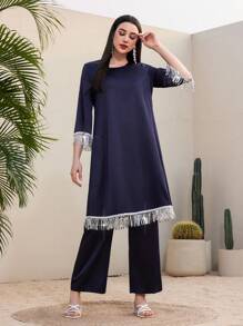 Mulvari Của phụ nữ Sáng bóng Tua viền Dài Áo Và Quần Hai chiếc Bộ - Màu xanh hải quân - Xem 4