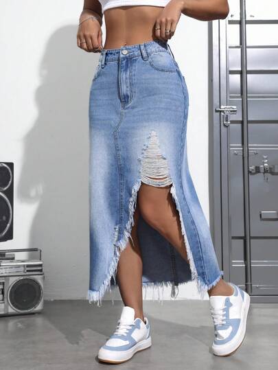 SHEIN EZwear Falda Vaquera Para Mujer Con Cortes Deshilachados