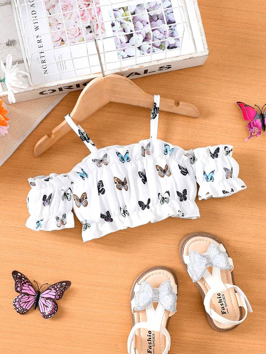 Butterfly White Spaghetti Strap Cool Fashion Tank Top For Baby Girls - Multicolor - View 1