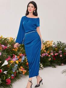 Modelyn 纯色圆领修身百褶连衣裙长款晚礼服 - 藍色 - 查看 3