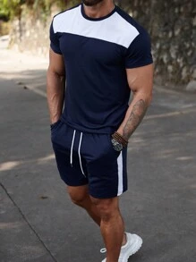 Manfinity Homme Men's Colorblock Casual 2pcs T-Shirt And Shorts Set, Basic, Workout Set - Blue - View 5