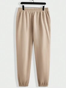 Manfinity Homme Nam Kích thước lớn Dệt kim Áo nỉ có mũ Với Vá chữ cái Và Quần thể thao Giải trí 2 cái/bộ - Màu Khaki - Xem 4