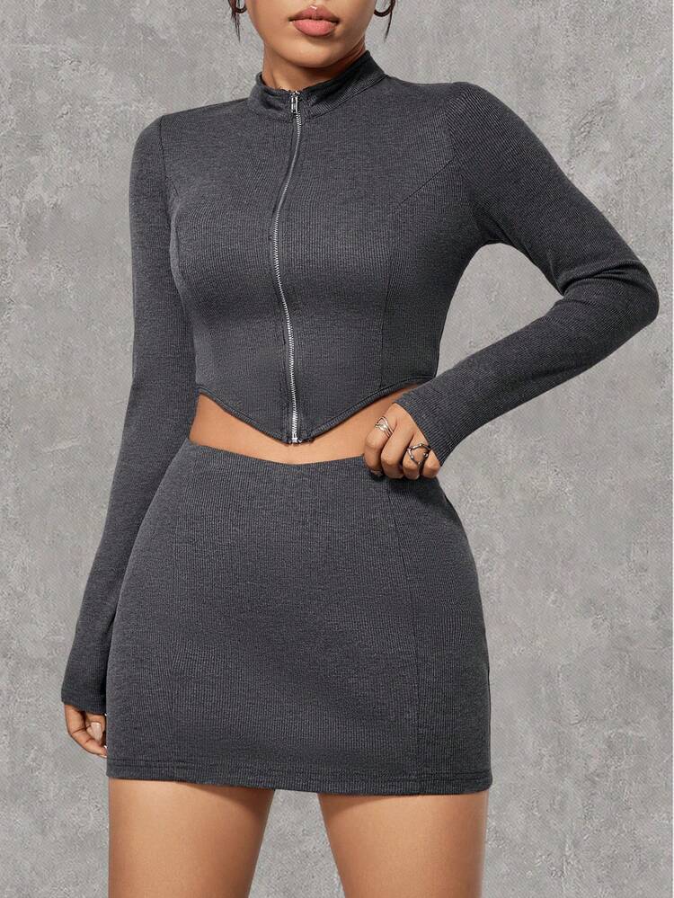 Zipper Front T-shirt And Skirt Set