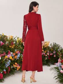 Modelyn 勃艮第红色女式珠饰刺绣立领阿拉伯风格连衣裙长款晚礼服 - 酒紅色 - 查看 5