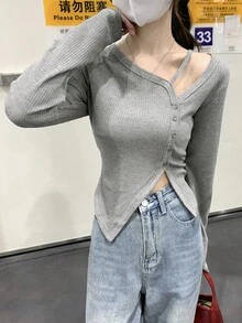 分開按鈕設計感十足的t恤 - 灰色 - 查看 5