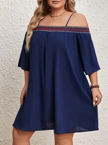 SHEIN VCAY Plus Size Woven Strap Patchwork Dress - Blue - View 2