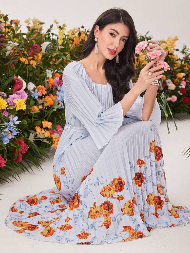 Ladies' Floral Print Pleated Dress Long Evening Dresses