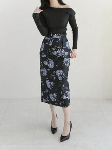 DAZY Women's Floral Printed Pencil Skirt - Black - View 6