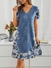 EMERY ROSE Floral Denim Effect Dress - Blue - View 6