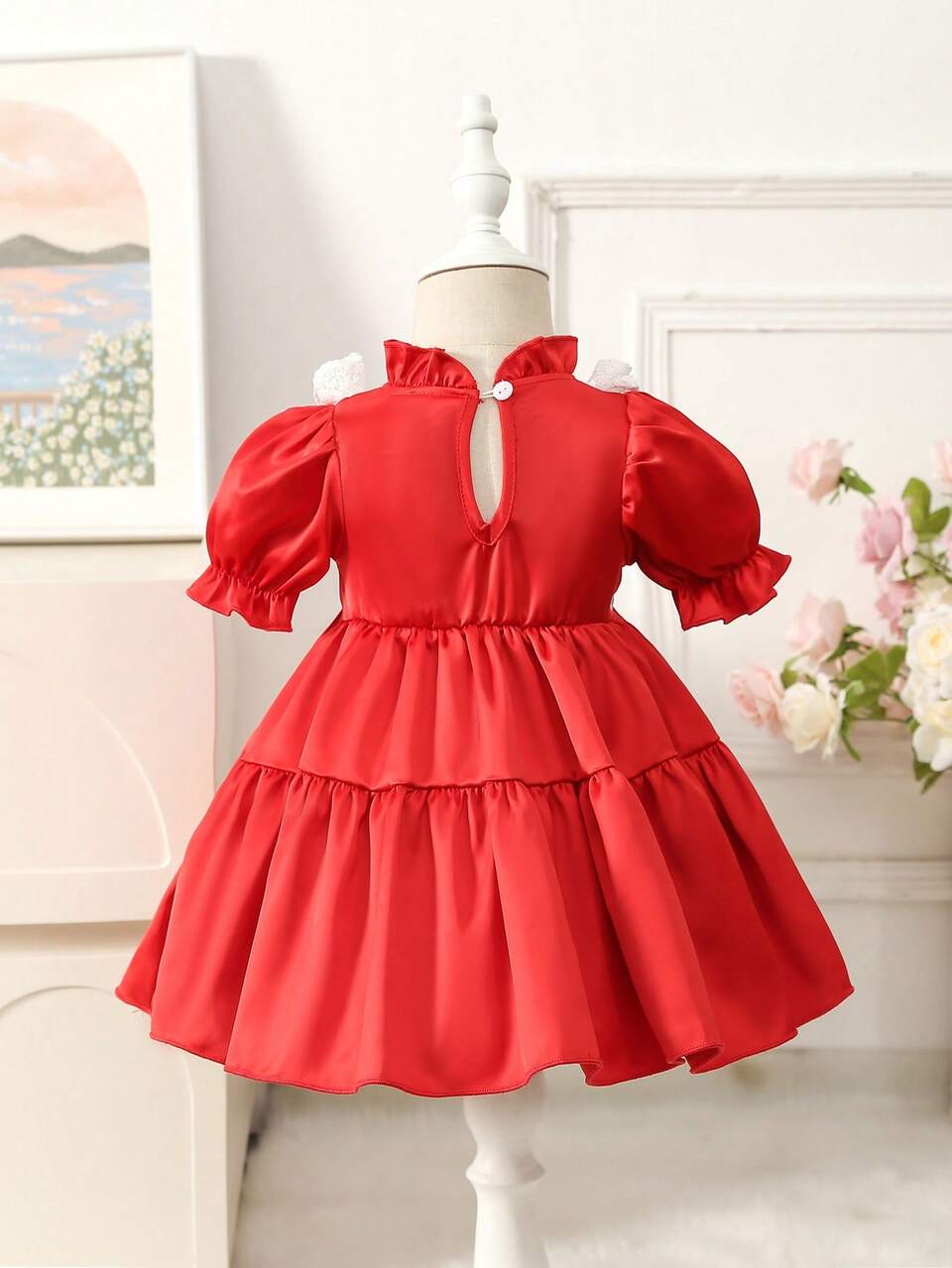 Baby Girl's Red Lace Decorated Dress With Bowknot On The Front For Spring/Summer