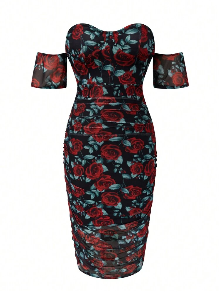 Plus Size Off-Shoulder Floral Print Dress