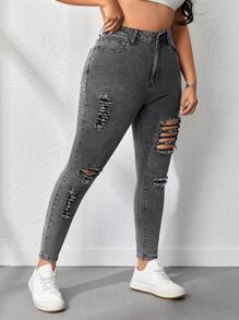 Plus Size Women's Distressed Denim Jeans - Light Grey - View 5
