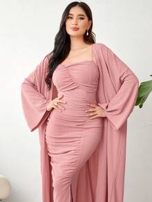 Modelyn Women's Ruched Cami Dress And Jacket Set, Wedding Guest Dress - Pink - View 4