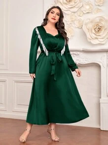 Modelyn Vestido De Mangas Compridas E Franjas Com Lantejoulas Em Tamanho Grande - Verde escuro - Ver 3