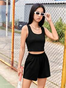 Juego De 2 Piezas De Pechera Y Shorts Para Verano De Color Sólido Simple Para Niña Adolescente - Negro - Ver 4