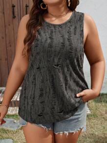 SHEIN LUNE Plus Size Round Neck Ripped Sleeveless Top - Black - View 4