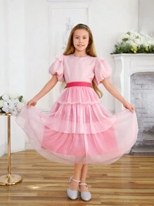 Tween Girls' Mesh Edging Round Neck Puff Sleeve Jacquard Blouse Matched With Mesh Tiered Hem Skirt Two Pieces Set
