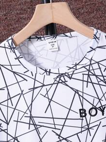 青少年男孩條紋&字母印花短袖t恤和短褲2件套裝 - 白色 - 查看 4