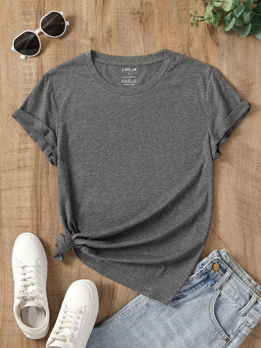INAWLY Women's Solid Color Simple Short-Sleeved T-Shirt - Dark Grey - View 1