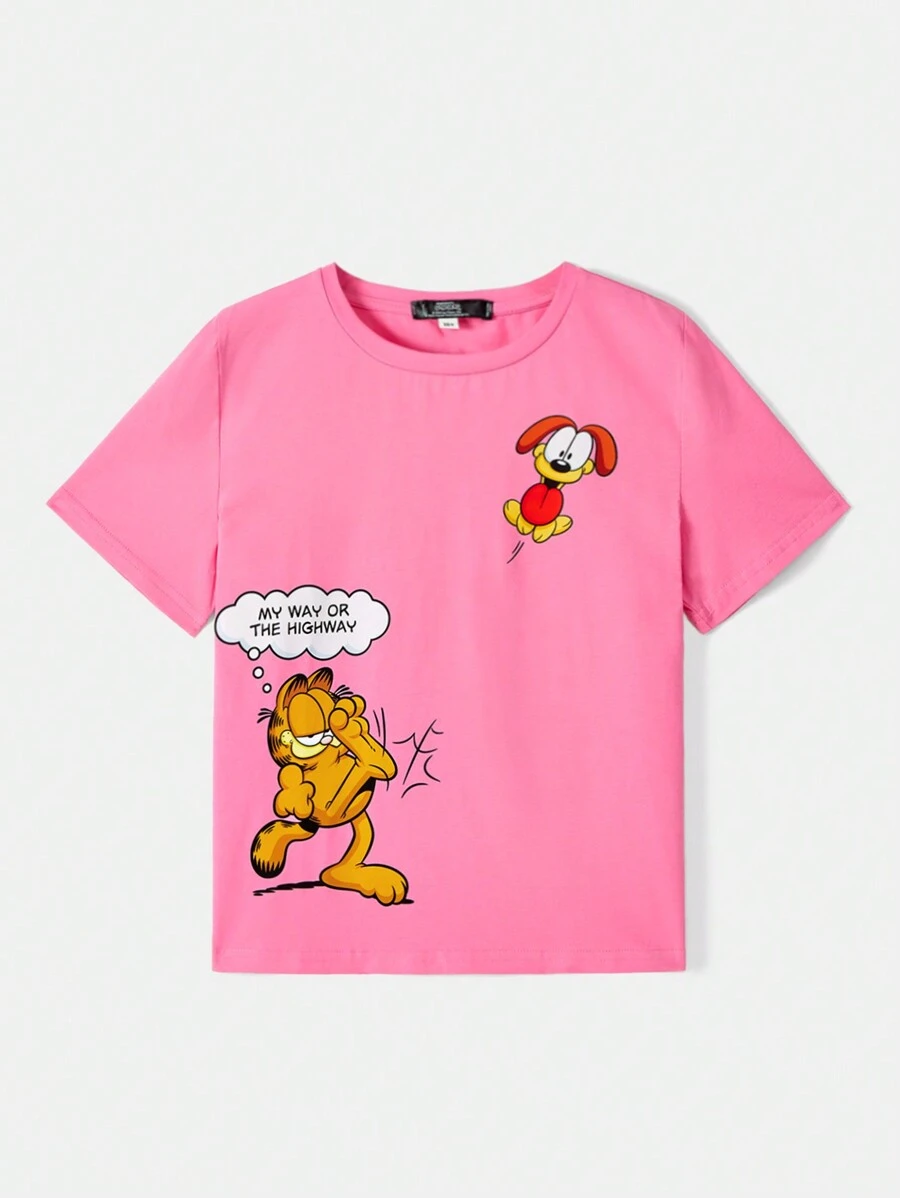 GARFIELD X SHEIN Tween Girl Cat & Letter Graphic T-Shirt