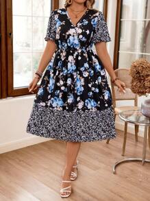 Celure Plus Size Floral Printed Patchwork Dress - Multicolor - View 3