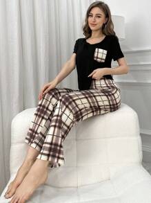 Conjunto De Pijama Y Camiseta De Manga Corta A Cuadros Con Bolsillo Para Mujer