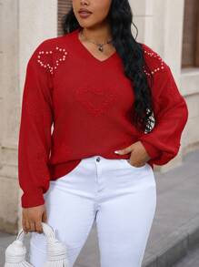 Calvaya Suéter de punto de talla grande con estampado de tachuelas y corazones para otoño e invierno - Rojo - Ver 1